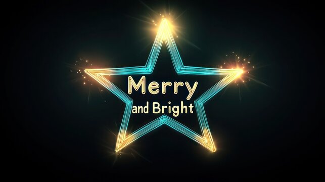 A glowing Christmas star with a gradient from neon blue to bright yellow, surrounded by a soft halo on a black canvas, featuring "Merry and Bright" in stylish, illuminated text
