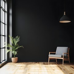 Fototapeta premium Modern Minimalist Interior Design Featuring a Cozy Chair, Potted Plant, and Large Window in a Bright Atmosphere with Dark Wall and Wooden Flooring