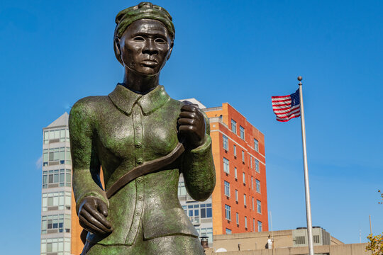 New York, NY US - November 11, 2024: The Harriet Tubman Memorial also known as Swing Low by artist Alison Saar in Harlem. Tubman, an African-American abolitionist known for the Underground Railroad.