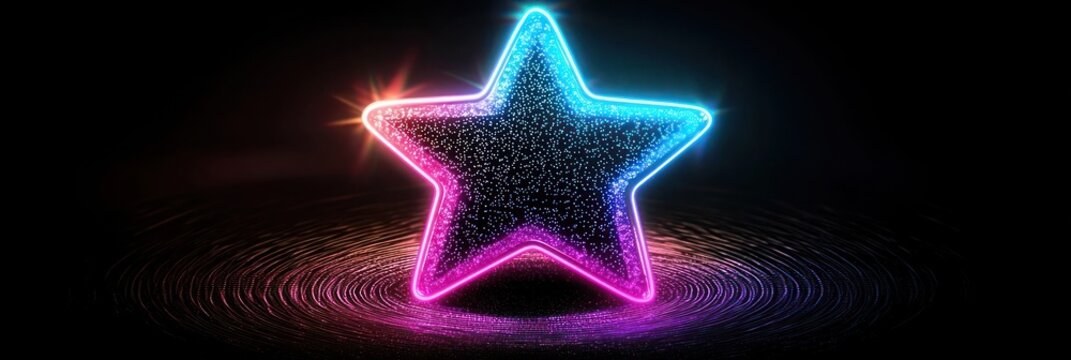 A glowing Christmas star with a gradient of neon blue to magenta, surrounded by a soft halo, set on a black background