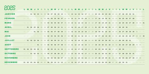 Calendrier 2025, Dates Horizontales, couleur vert