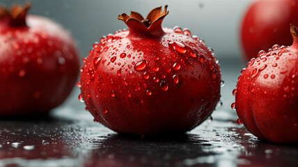 pomegranate and water drops on white background