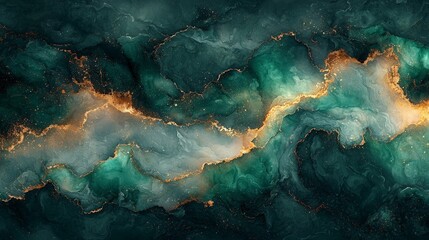 A vibrant abstract design featuring swirling teal and gold elements.