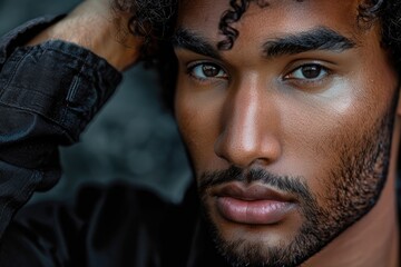 Obraz premium A detailed view of a person's face with curly hair, suitable for use in portraits or as a character reference