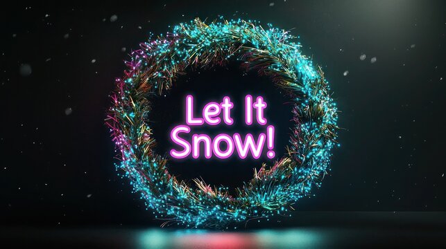 A glowing Christmas wreath with a gradient transition from electric blue to neon pink, softly lit on a black canvas, with the words "Let It Snow!" in whimsical, glowing text style