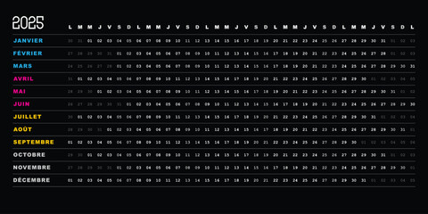 Calendrier 2025, Design sombre color&eacute; Minimaliste avec Dates Horizontales