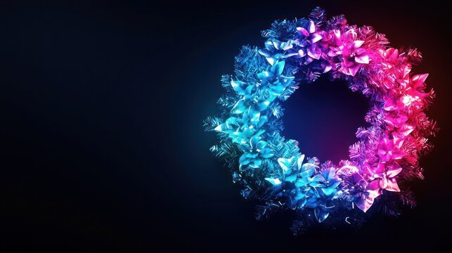 A glowing Christmas wreath with a gradient transition from electric blue to neon pink, softly lit on a black canvas