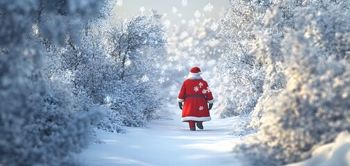 A joyful man dressed as Santa Claus walks through a snowy landscape, surrounded by snow-covered trees, capturing the essence of winter festivities.