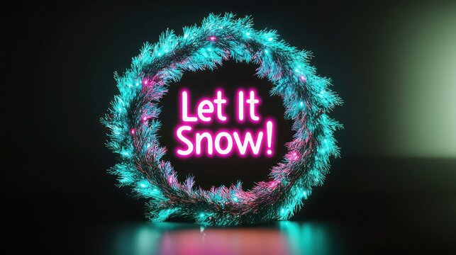 A glowing Christmas wreath with a gradient transition from electric blue to neon pink, softly lit on a black canvas, with the words "Let It Snow!" in whimsical, glowing text style
