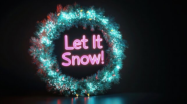 A glowing Christmas wreath with a gradient transition from electric blue to neon pink, softly lit on a black canvas, with the words "Let It Snow!" in whimsical, glowing text style