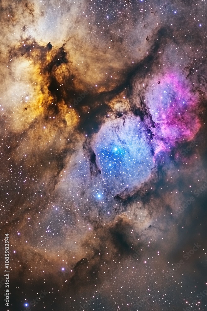 Poster a beautiful nebula with stars shining brightly in the background, perfect for use in space-related d