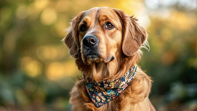 Golden Retriever Portrait: A golden retriever dog with a blue bandana sits in a field of yellow and orange foliage, looking directly at the camera with an expressive gaze. 