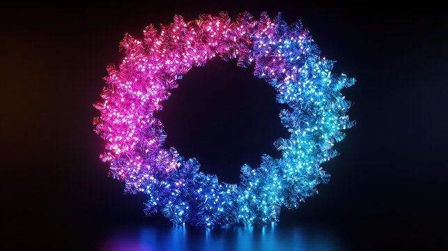 A glowing Christmas wreath with a gradient transition from electric blue to neon pink, softly lit on a black canvas