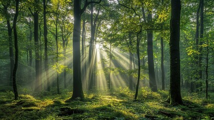 Fototapeta premium Silent forest in spring with bright sun rays, emphasizing tranquility and natural beauty.