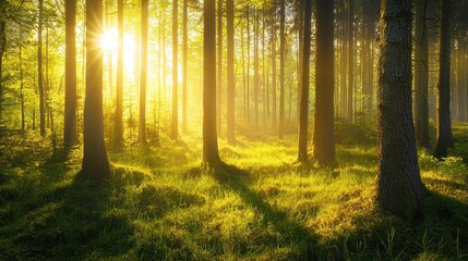 Fototapeta premium Silent forest in spring with bright sun rays, emphasizing tranquility and natural beauty.