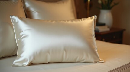 A luxurious bedroom scene featuring a silk pillowcase on a neatly made bed, with soft lighting highlighting the smooth texture of the silk. The setting includes elegant decor and a cozy atmosphere.