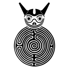 Round spiral maze or labyrinth symbol with indigenous mask. Funny horned skull of Wari or Huari culture from ancient Peru. Black and white silhouette.