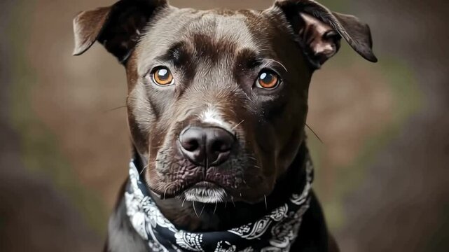 Intense Stare: A close-up portrait of a brindle pitbull wearing a bandana, its piercing gaze captivating the viewer. The dog's intense stare evokes a sense of strength, loyalty.