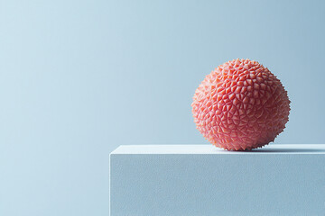 Single Lychee Rests on a Light Blue Platform