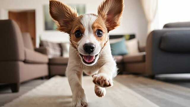 Joyful Puppy Running Towards Camera: A playful, energetic puppy with floppy ears and a wagging tail races towards the camera, capturing a moment of pure canine joy and exuberance.  