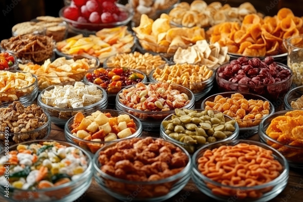 Poster a table filled with different types of snacks