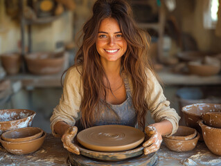Young Woman Potter Shaping Clay on Pottery Wheel