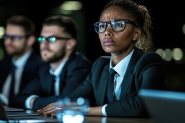 Fototapeta premium Focused african female professional at conference meeting in modern business setting
