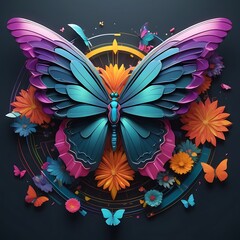 AI-Generated Digital Artwork Beautiful Butterfly With Flowers 