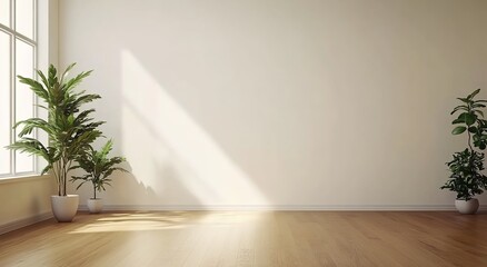 Fototapeta premium A white wall in an empty room with a wooden floor and plants 