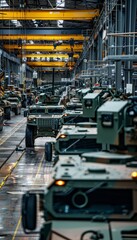 Obraz premium Military vehicles in factory showcasing strength and operational readiness in realistic setting