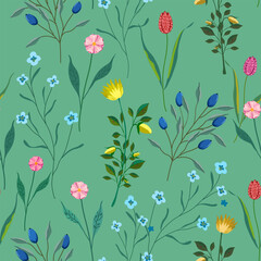 Seamless pattern with wildflowers in 2d modern style. Print for wallpaper and fabrics. Harmonious color scheme. Stylish vector.