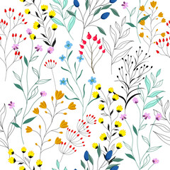 
Seamless pattern with wildflowers in 2d modern style. Print for  fabrics. Harmonious color scheme. Stylish vector.