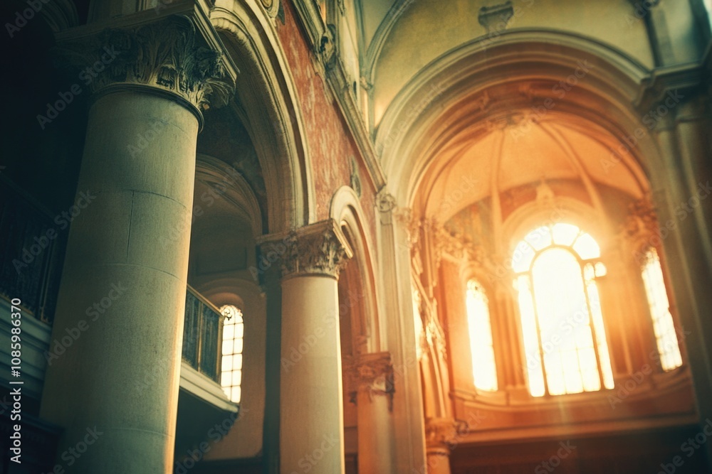 Poster a church with stone columns and a clock on the wall, suitable for architectural or historical contex