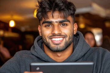 Smiling young adult male having coffee and using tablet in cozy café