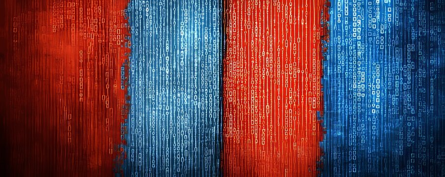 Red and Blue Binary Code Background: Data Security Concept with Digital Numbers on the Screen
