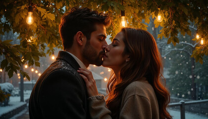 Couple in love sharing a romantic kiss under the mistletoe during winter night with warm lights