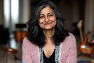 Mature asian woman smiling in musical setting with instruments