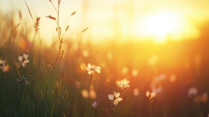 Fototapeta premium A serene image of a field with the sun setting in the background, perfect for use in outdoor or nature-themed projects