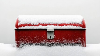 Red toolbox covered in fresh snow against a white background