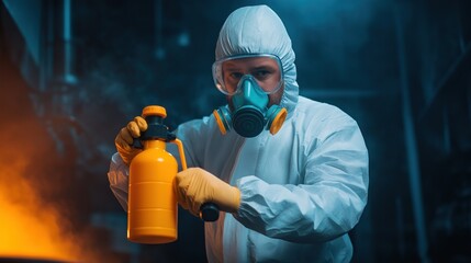 Naklejka premium Dressed in a white protective suit and safety goggles, a worker carefully sprays a liquid from a yellow canister in an industrial setting with blue and orange lighting at night