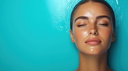 young woman enjoys a moment of tranquility, lying back with her eyes closed in a soothing blue backdrop. Water droplets highlight her radiant skin, creating a peaceful atmosphere