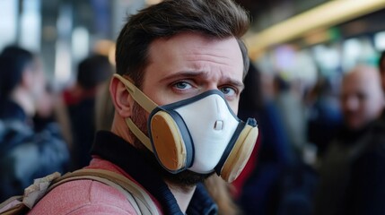 A person wearing a gas mask stands out in a busy crowd, highlighting concerns about air quality and safety