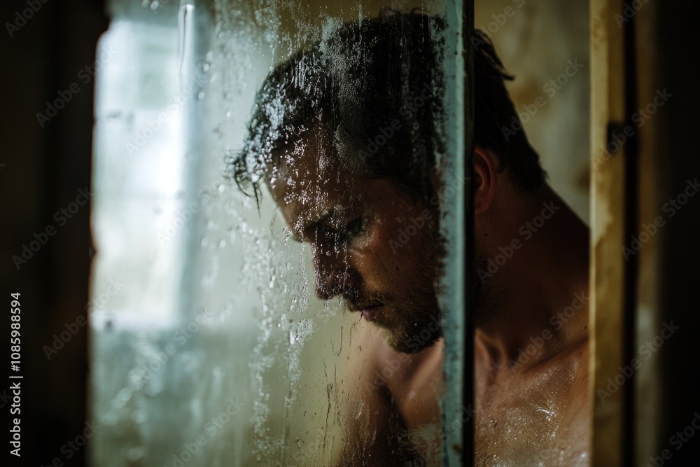 Poster A shirtless man stands in front of a window with a calm expression