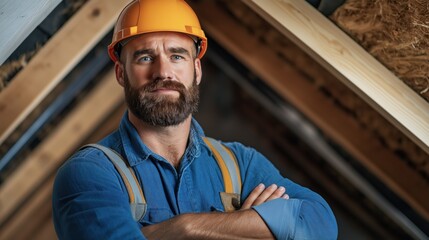 A construction worker stands proudly with crossed arms in a well-structured wooden framework. His hard hat and rugged attire highlight his expertise in the building industry