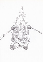 Pen and ink drawing of toasting marshmallows on a campfire 