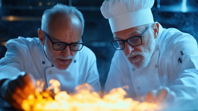 In a contemporary kitchen, two chefs concentrate on a roaring flame, likely experimenting with techniques to enhance a gourmet dish in a competitive environment - Powered by Adobe