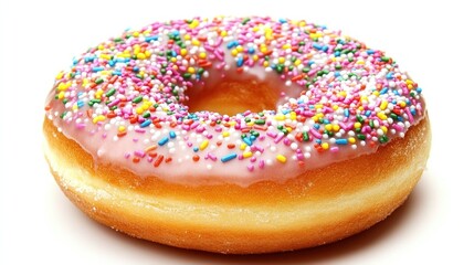Pink frosted donut with colorful sprinkles.