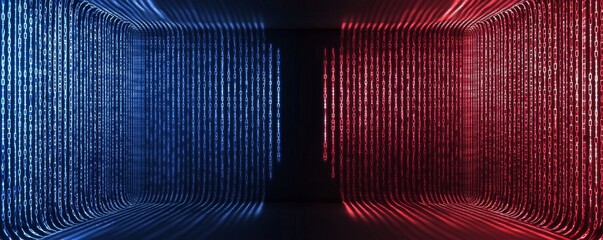Digital Background Featuring Red and Blue Binary Code on the Screen Representing a Data Technology Concept
