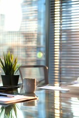 Sophisticated office setup with a black leather chair, desk, and a wide cityscape view through a large glass wall, exuding professionalism.