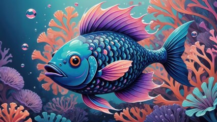 Vibrant blue and purple fish swimming in a colorful coral reef, surrounded by bubbles and underwater plants.